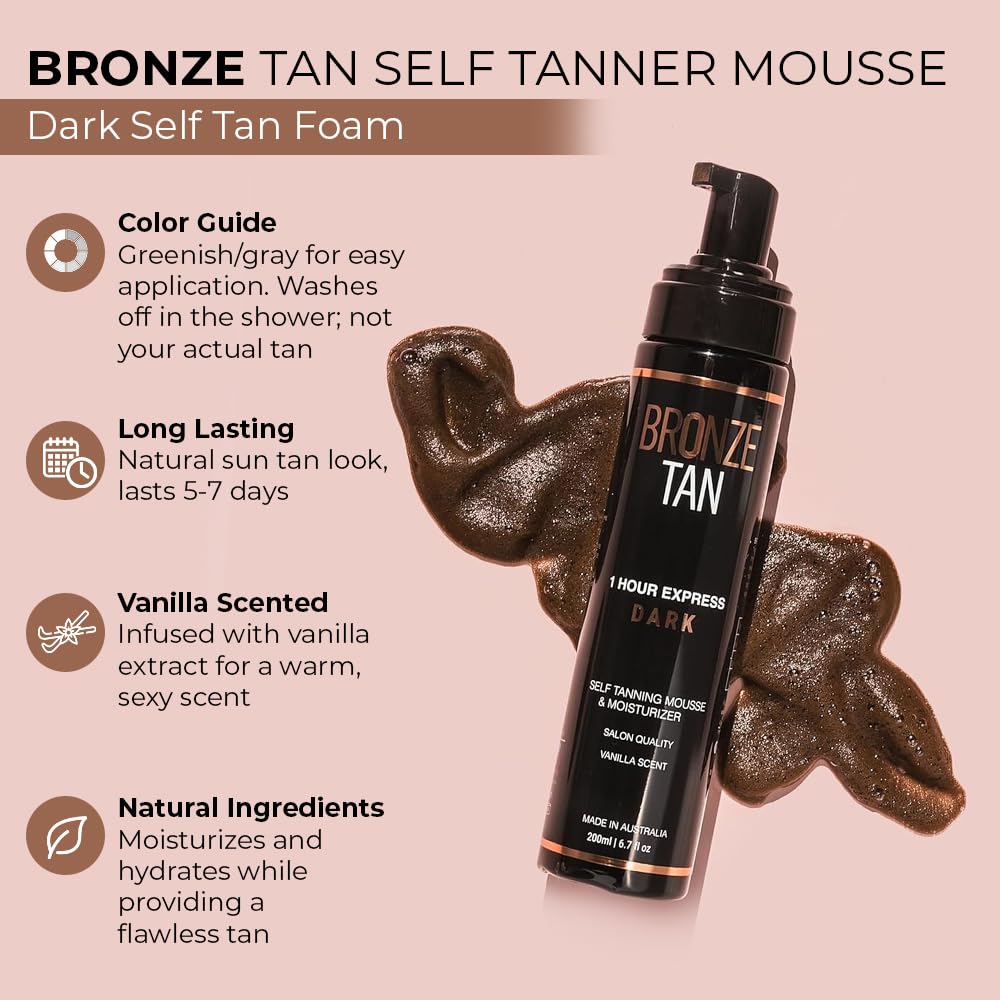 Bronze Tan Self Tanner Mousse Dark Self Tan Foam | Sunless Tanner for all Skin Tones | Salon Quality Fake Tan Vanilla Scented Best Sellers (200 ml/ 6.7 oz)