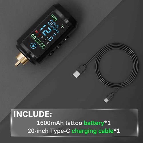 Neebol Wireless Tattoo Battery Pack – Rechargeable Cordless Tattoo Power Supply 1600mAh RCA Lithium Battery with LED Digital Display, 4 Memory Modes, One-Key Start for Tattoo Pen Rotary Machine 67M