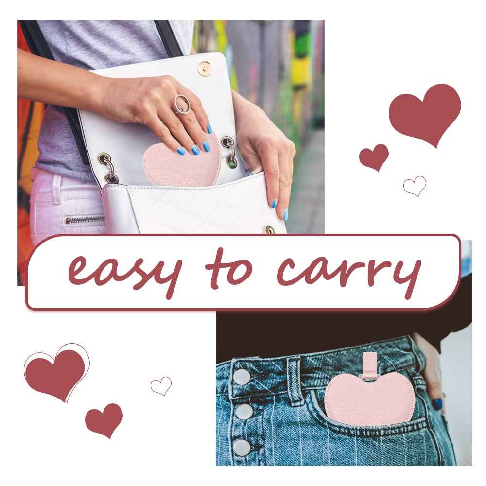 SNOMEL Compact Stainless Steel Mirror, Heart Shaped Shatterproof Pocket Mirror with PU Leather Sleeve, Mini Unbreakable Purse Mirror Portable for Travel Makeup Bag, for Women Girls, Pink
