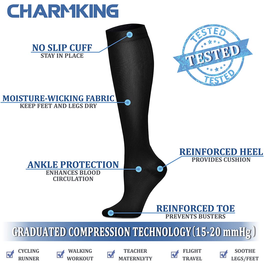 CHARMKING Compression Socks for Women & Men Circulation (3 Pairs) 15-20 mmHg is Best Athletic for Running, Flight Travel, Support, Cycling, Pregnant - Boost Performance, Durability (S/M, Multi 54)