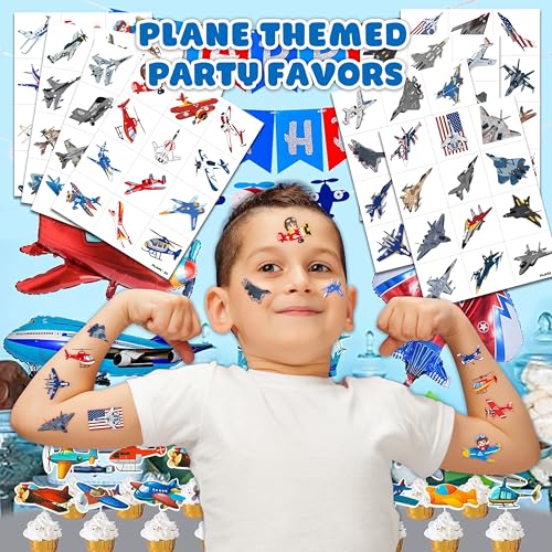 96 PCS Airplane Air Jet Fighter Pre-Cut Temporary Tattoos for Kids | Super Cute Plane Themed Birthday Party Favors, Supplies, Decorations, Fake Tattoo Stickers, School Rewards & Gifts Boys & Girls