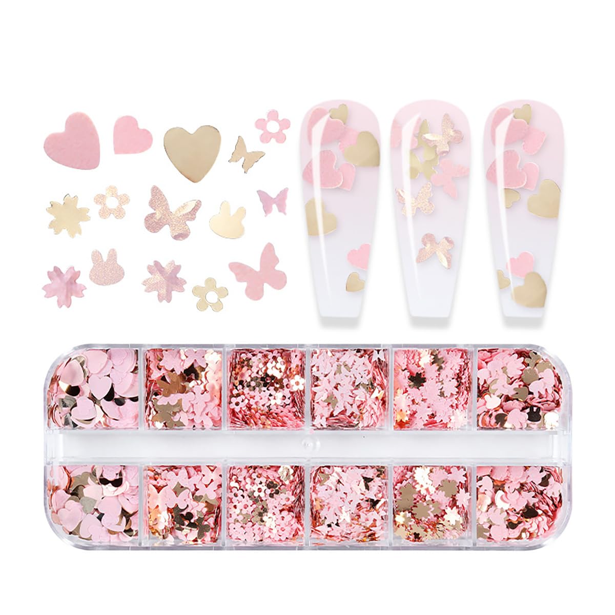 12 Grids Gold Pink Nail Glitter Sequins 3D Cherry Blossoms Butterfly Nail Glitter Flakes Rabbit Love Heart Nail Sequins Supplies Sparky Cute Nail Art Decorations for Women Nail Charms Accessories