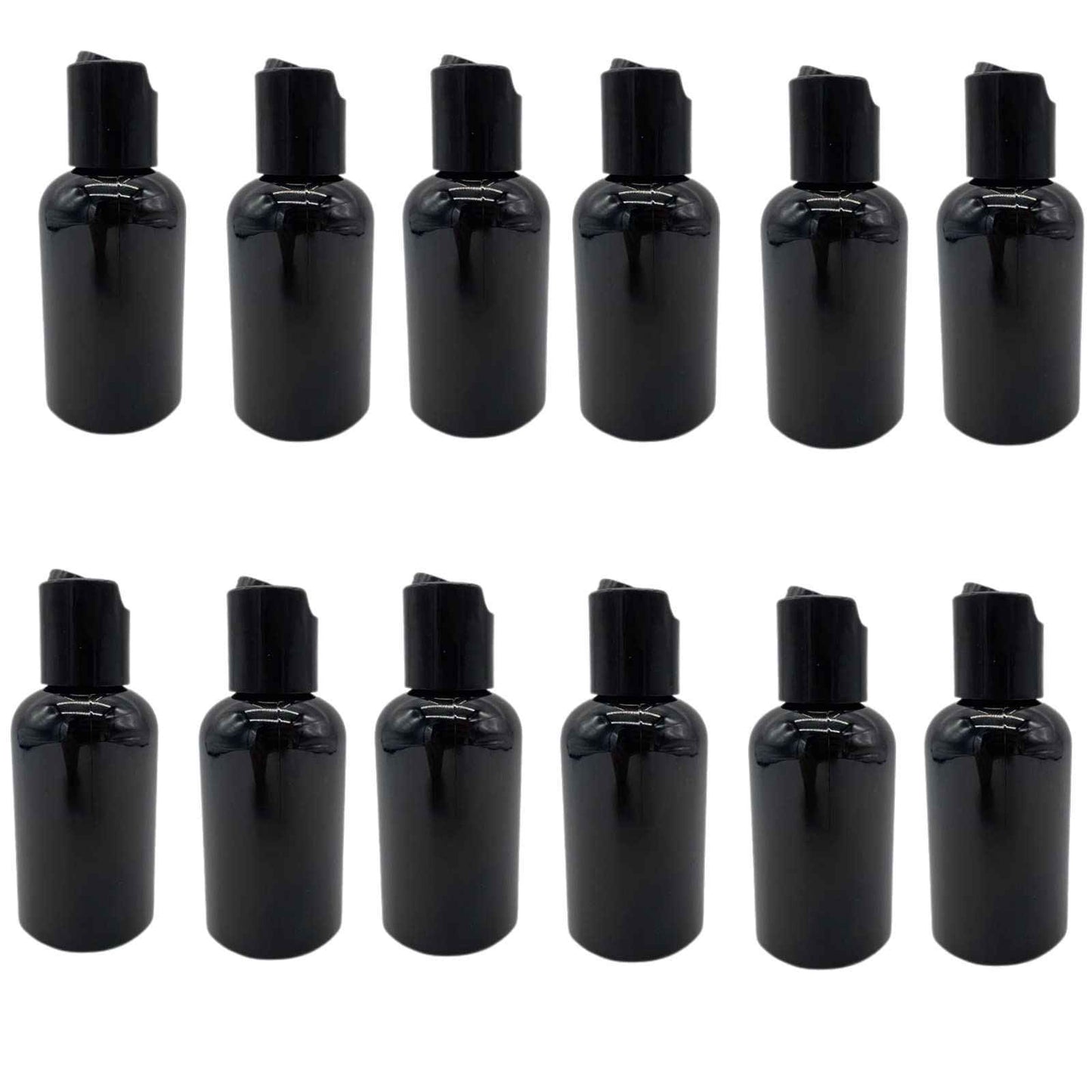 Natural Farms 2 oz Black Boston Plastic Bottles -12 Pack Empty Bottle Refillable - BPA Free - Essential Oils - Aromatherapy | Black Press Down Disc Cap - Made in the USA