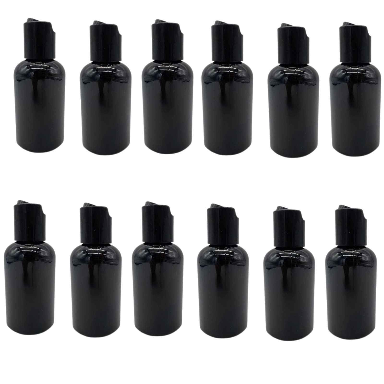 Natural Farms 2 oz Black Boston Plastic Bottles -12 Pack Empty Bottle Refillable - BPA Free - Essential Oils - Aromatherapy | Black Press Down Disc Cap - Made in the USA