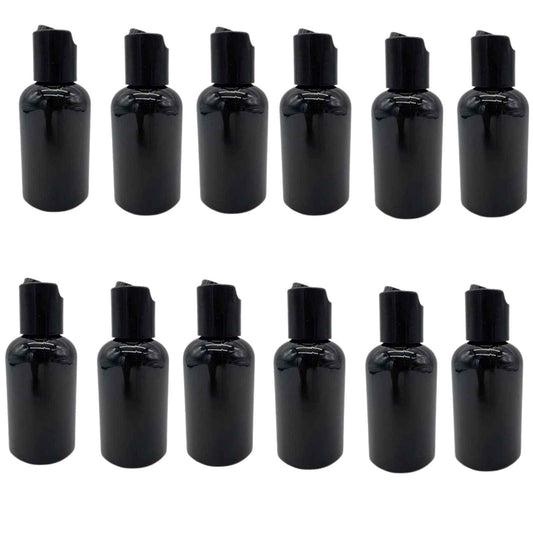 Natural Farms 2 oz Black Boston Plastic Bottles -12 Pack Empty Bottle Refillable - BPA Free - Essential Oils - Aromatherapy | Black Press Down Disc Cap - Made in the USA