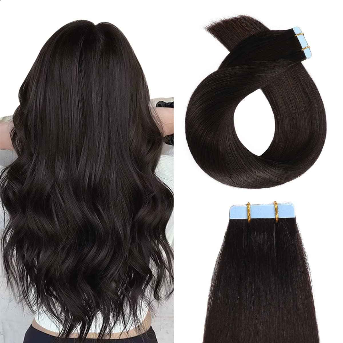 YILITE Tape in Hair Extensions Human Hair 16 inch 20pcs Off Black color 40g Silky Straight Premium Human Hai,Seamless Skin Weft Remy Hair 1b Tape ins(16 inch #1B)