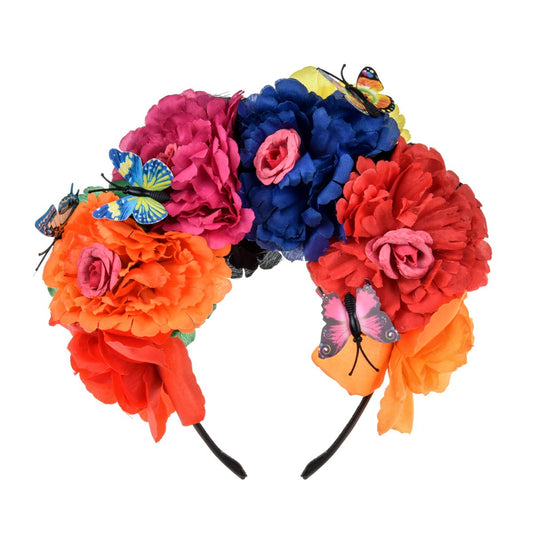 June Bloomy Day of the Dead Headpiece Halloween Costume Headpiece Mexican Floral Crown Rose Headband(Butterfly Red Orange)