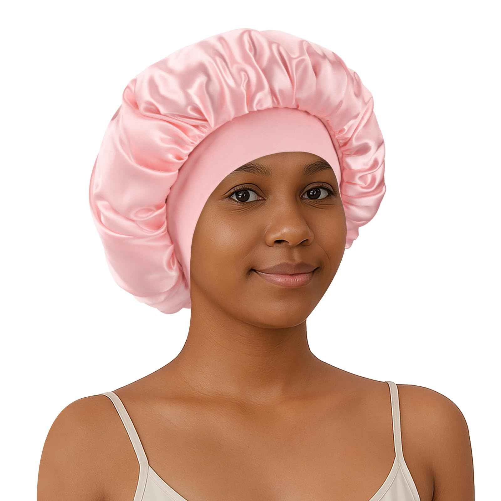 Silk Satin Bonnet for Sleeping Women，Double Layer Silk Satin Sleep Cap with Elastic Band for Natural Curly Hair(1PCS,Pink)