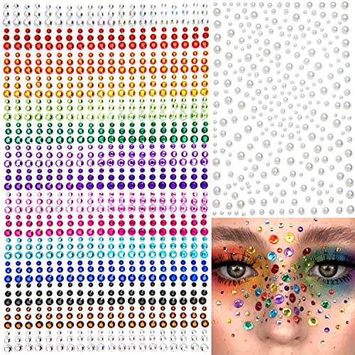 1250 Pcs Self-Adhesive Rhinestone Face Gems - 16 Colors