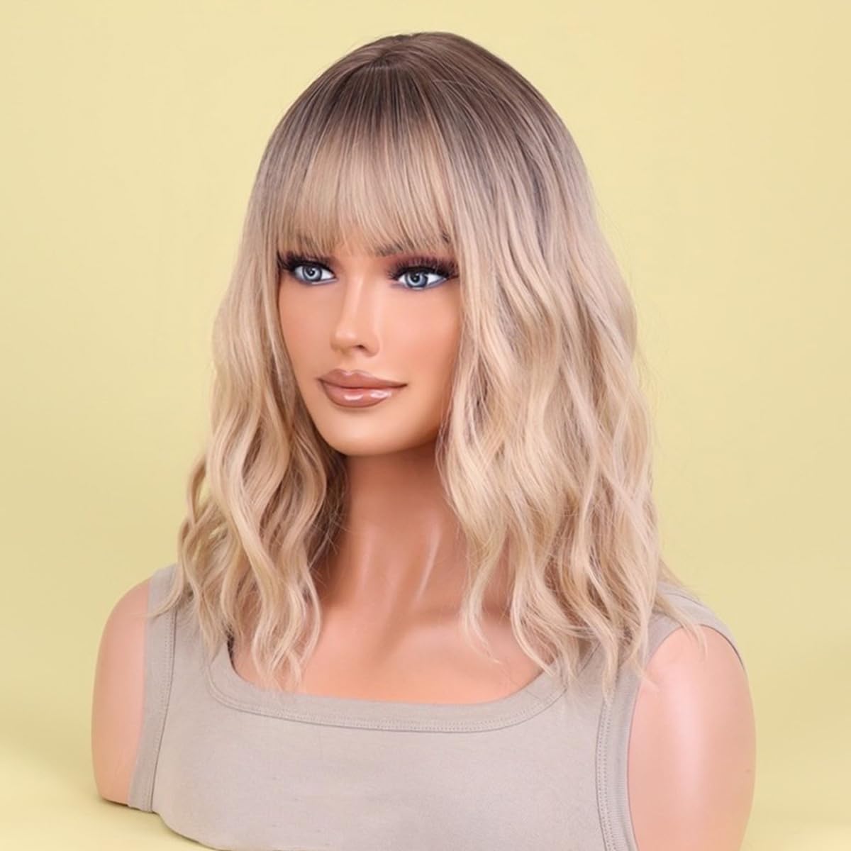 AneShe Blonde Ombre Wig Short Blonde Wavy Bob Wig for Women Curly Synthetic Hair Wig with Air Bangs Shoulder Length Ash Blonde Wigs for Party Cosplay (14" Blonde Ombre)