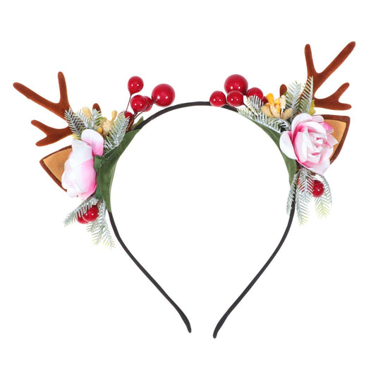 Lurrose Christmas Deer Antler Flower Berry Crown Floral Headbands Christmas Boho Headdress Party Headwear for Women Girls Kids Style 1