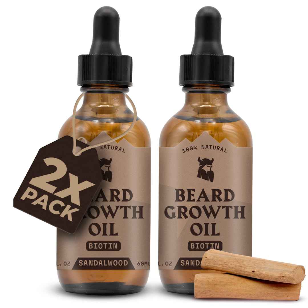 Striking Viking Beard Growth Oil with Biotin - 2 fl oz, Pack of 2, Sandalwood - Deep Conditioning with Argan & Jojoba Oil - Thickens & Nourishes for Beard Growth - Fast-Absorbing