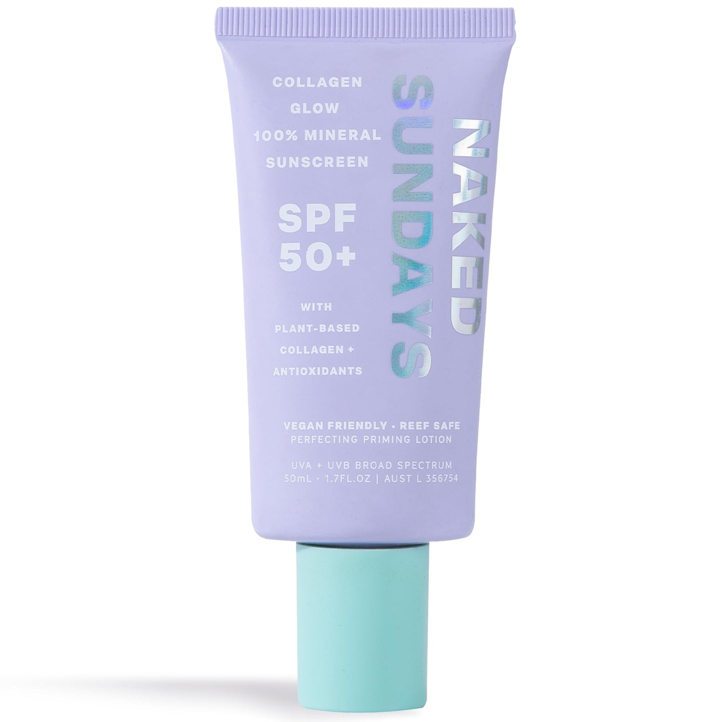 Naked Sundays SPF50+ Collagen Glow 100% Mineral Sunscreen, Hydrating 100% Mineral Sunscreen With Zinc Oxide, Vegan Collagen, Primer & A Sheer Tint for Healthy Glow (50ml)