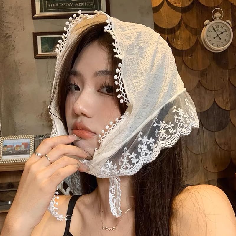 Yreamont Vintage White Chiffon Floral Lace Headpiece Headwrap Bandana for Women - Embroidered Fabric Head Covering