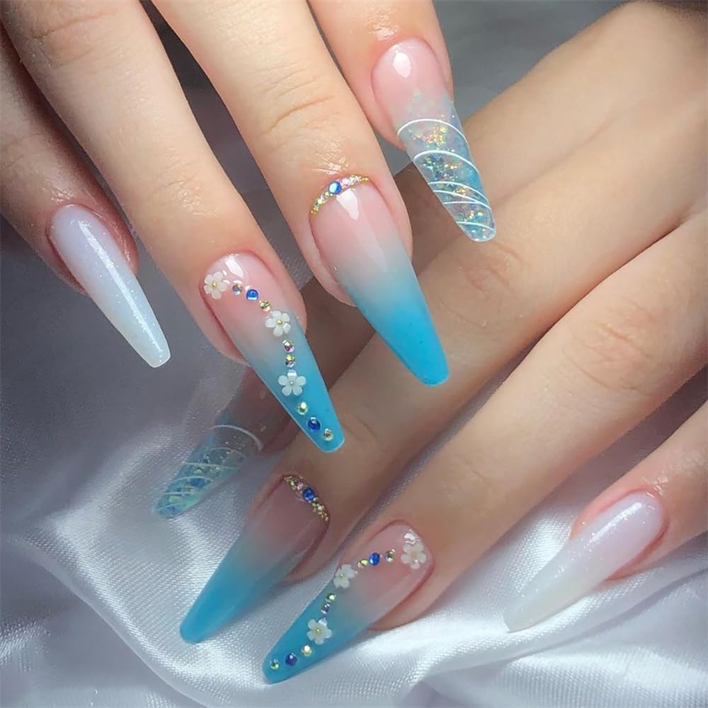 DOCVOEOMH Press on Nails Long Coffin Ombre Blue Acrylic Fake Nails with 3D Flower Design Rhinestones Glitter Glue on Glossy Full Cover Artificial Gel False Stick on Nail for Girls Women Wedding 24Pcs