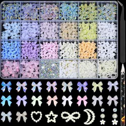 HNUIX Bow Nail Charms for Nails - Colorful Bow-Knot, Manicure DIY Crafts, Flat Back Pearls 1600 Pieces Nail Decoration Kit