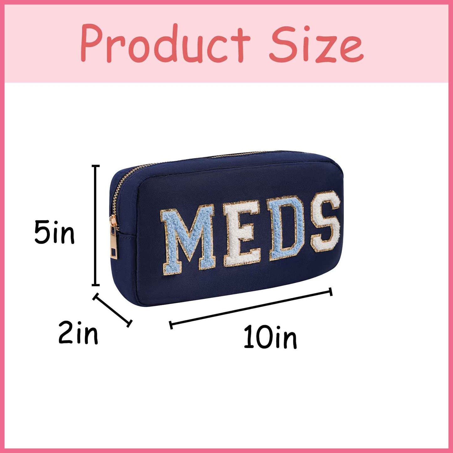 Chenille Letter Patch Nylon Medicine Packages,Cute MEDS Travel Makeup Bag with Metal Zipper, First Aid Purse Organizer Cosmetic Bag for Women and Girls(03Navy)