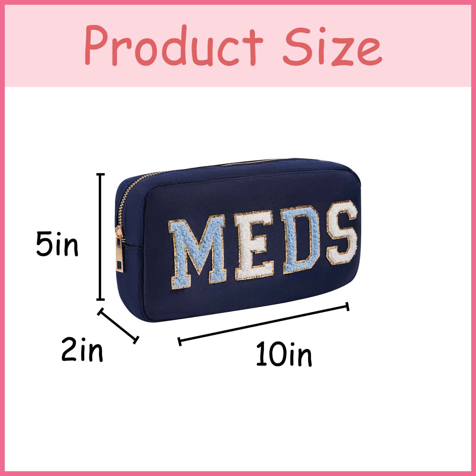 Chenille Letter Patch Nylon Medicine Packages,Cute MEDS Travel Makeup Bag with Metal Zipper, First Aid Purse Organizer Cosmetic Bag for Women and Girls(03Navy)