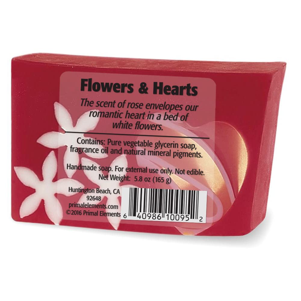 Primal Elements Glycerin Bar Soap | Valentines Soap Helps All Skin Types, Sensitive, Oily & Dry Skin | NO PARABENS, VEGAN, GLUTEN FREE, 100% VEGETABLE BASE - (Flowers & Heart)