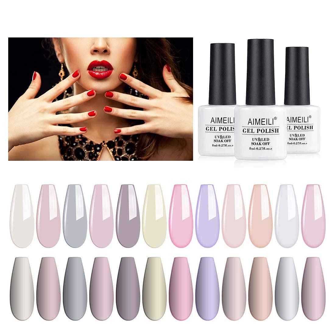 AIMEILI Gel Nail Polish No Wipe Top and Base Coat Set, and Clear Color Pink Nude White Soak Off Gel Nail Polish Set Of 12pcs X 8ml