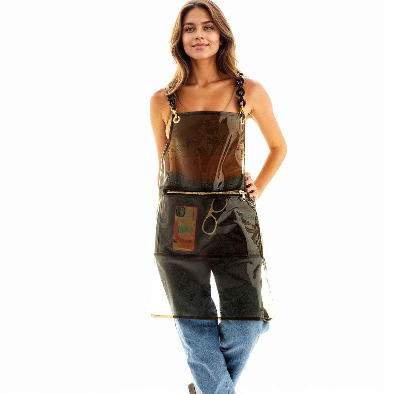 MIKI WELL Hair Stylist Apron for Women - Waterproof Barber Nail Tech Apron Hairdresser Hairstylist Salon Clear Aprons with Large Pocket, Black (22.83”W 29.5”L)