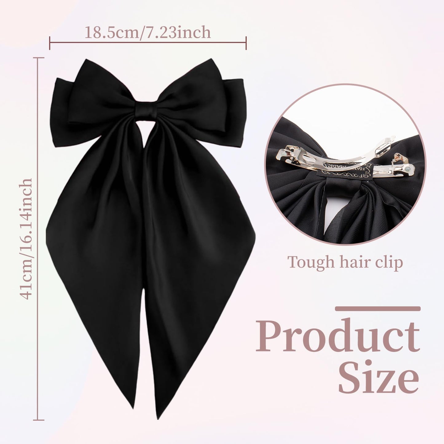 Hadutrek Silky Satin Hair Bows 2PCS Big Hair Bows for Women Flower Hair Clips Hair Ribbons Oversized Long Tail Black Bow Butterfly Hair Clips Hair Accessories Claw Clips for Thick Hair for Women