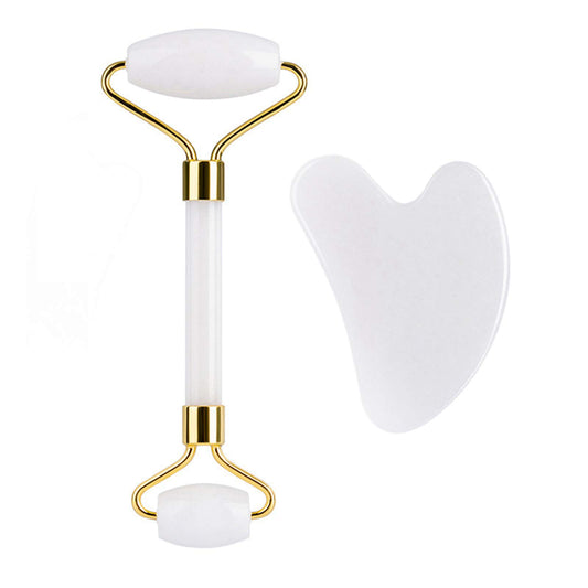 HOTACE Jade Roller Gua Sha Set Natural Jade Stone Roller for Face Beauty Facial Roller Massager Tools Face Slimming Lift Anti Wrinkle Skin Care Tools-White Jade