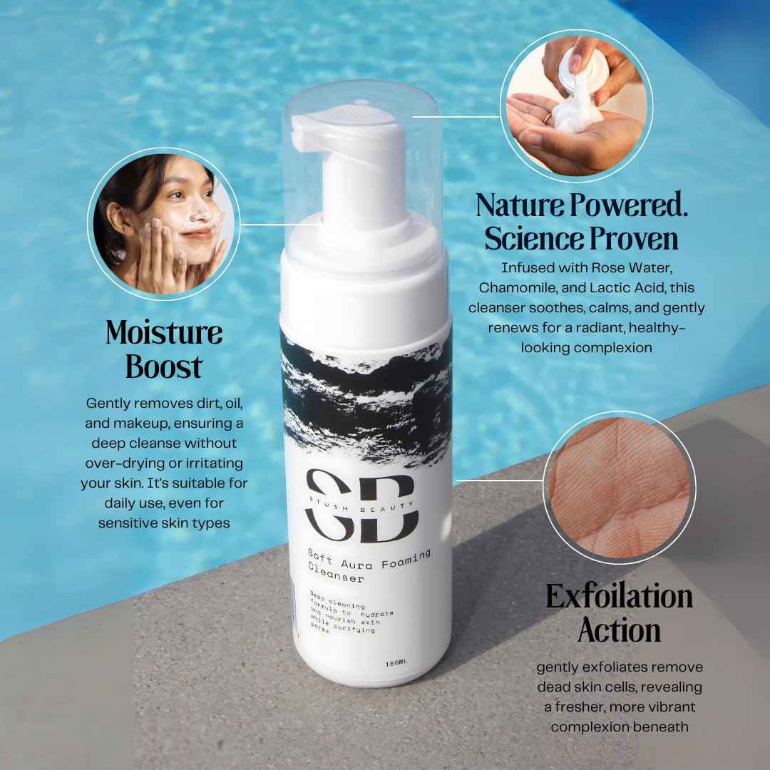 Stush Beauty Soft Aura Foaming Cleanser, Gentle Vegan Face Wash with Rose Water + Chamomile + Lactic Acid, Hydrating for Sensitive Skin & All Skin Types, Sulfate Free, Non-Drying