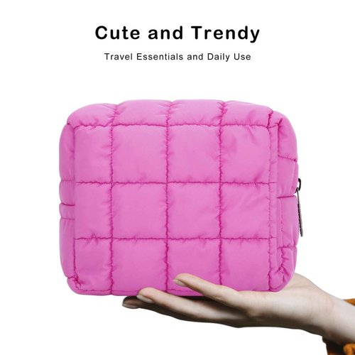E-Tree Cute Makeup Bag,Quilted Cosmetic Bag,Make up Pouch for Purse,Toiletry Zipper Pouch,Checkered Bag,Travel Case,Storage Pouches for Organization (Hot Pink)