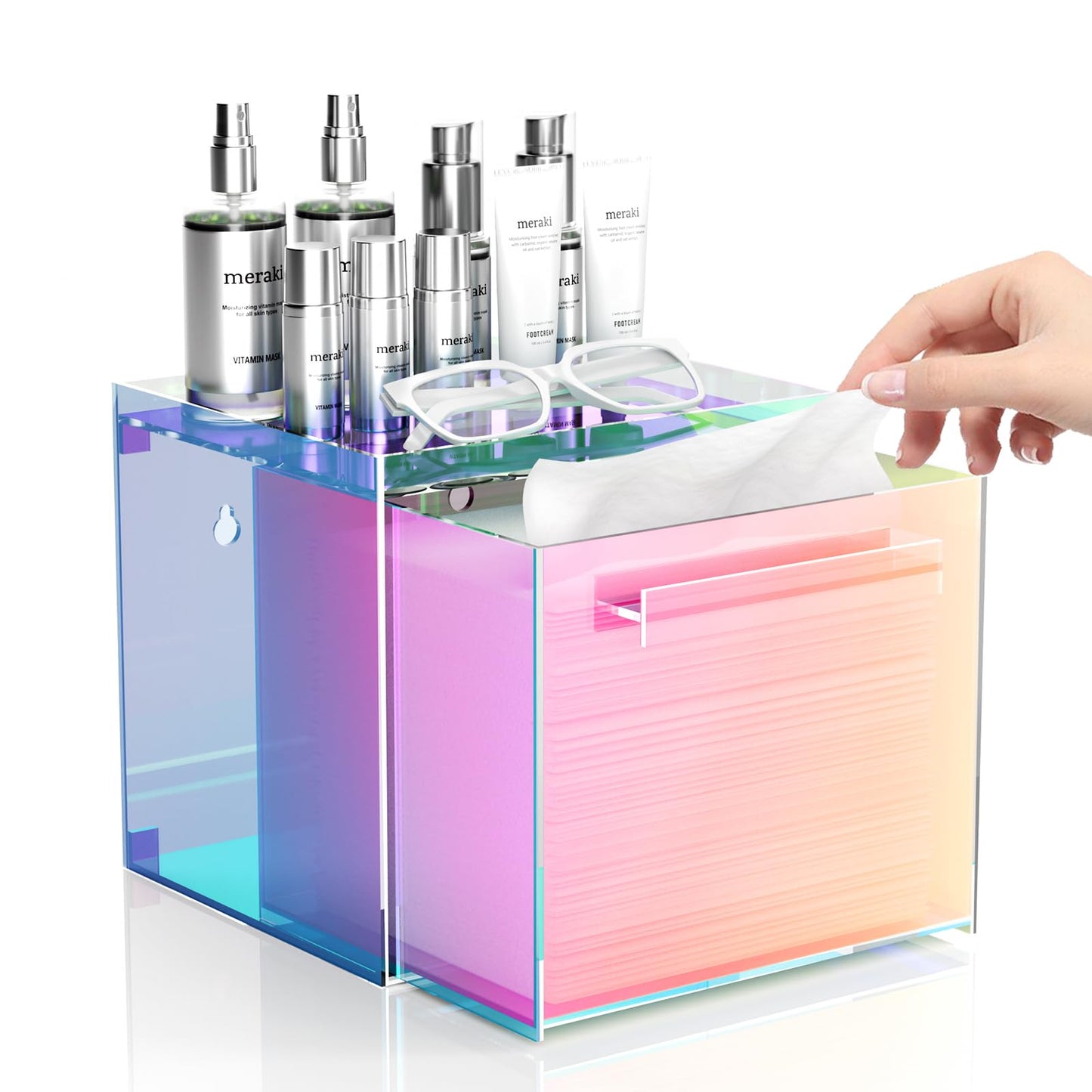 Rainbow Disposable Facial Towel Storage Box Acrylic Towel Container Compatible with Clean Skin Club Clean Towel XL Wall-Mounted Face Towel Organizer with Drawer(Excluding Facial Towels)