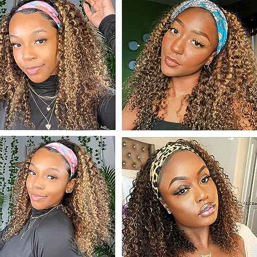 Smoothair Ombre Highlight Headband Wig Human Hair 4/27 Kinky Curly Headband Wig for Black Women 18 Inch None Lace Front Wigs Glueless Wear and Go 150% Density