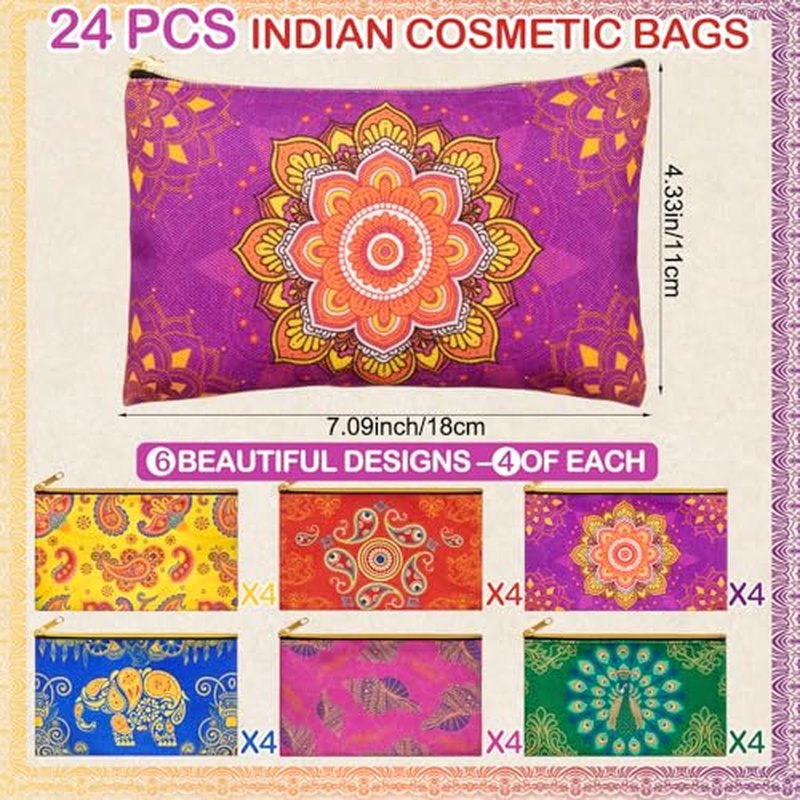 24 Pcs Diwali Gifts Bulk, Indian Return Gifts for Pooja, Multicolor Canvas Makeup Bags with Golden Zipper, Travel Cosmetic Pouches with Classic Indian Motifs, Wedding Gift for Women