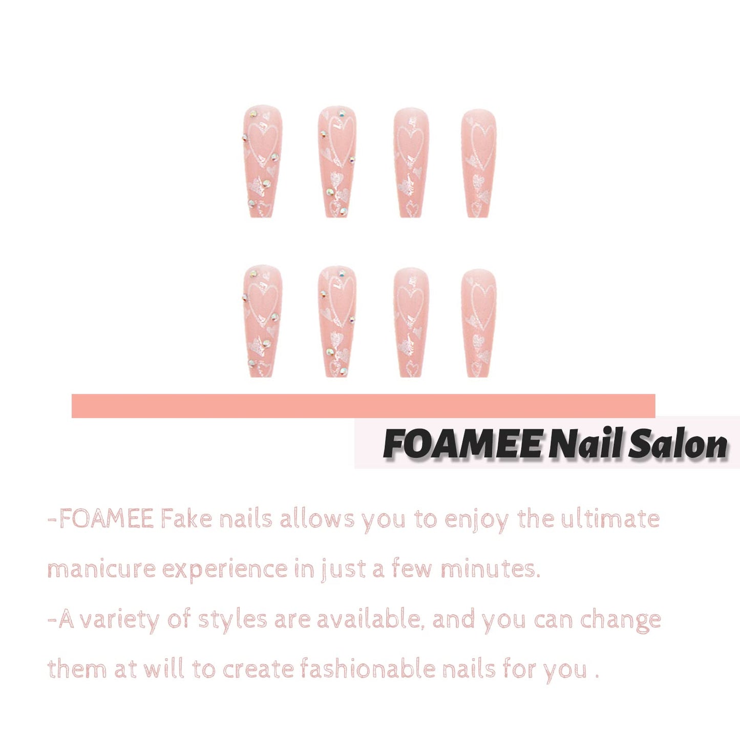 FOAMEE Cute Press on Nails Long Coffin Fake Nails Glitter Sequins Glue on Artificial Nails Rhinestones Glossy False Nails for Women