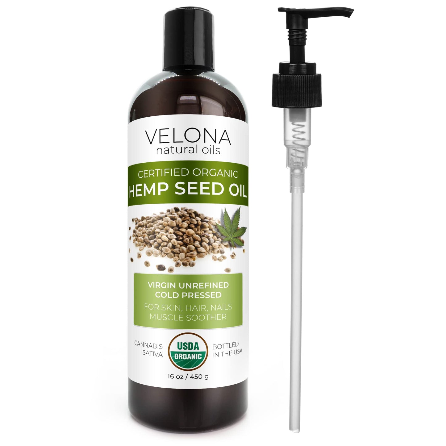 velona Hemp Seed Oil USDA Certified Organic - 16 fl oz | 100% Pure and Natural Carrier Oil | Unrefined, Cold Pressed | Hair, Body, Face & Skin Care | Use Today - Enjoy Results