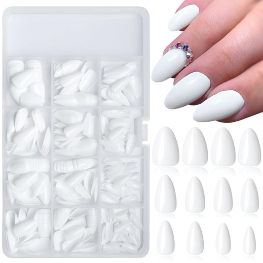 LuckForever 360pc Almond Press on Nails Short Fake Nails White Glue on Nails XS Short Acrylic Nails Press ons Nail Almond Artificial Fingernails White False Nails Tips with Nail Glue Adhesive File