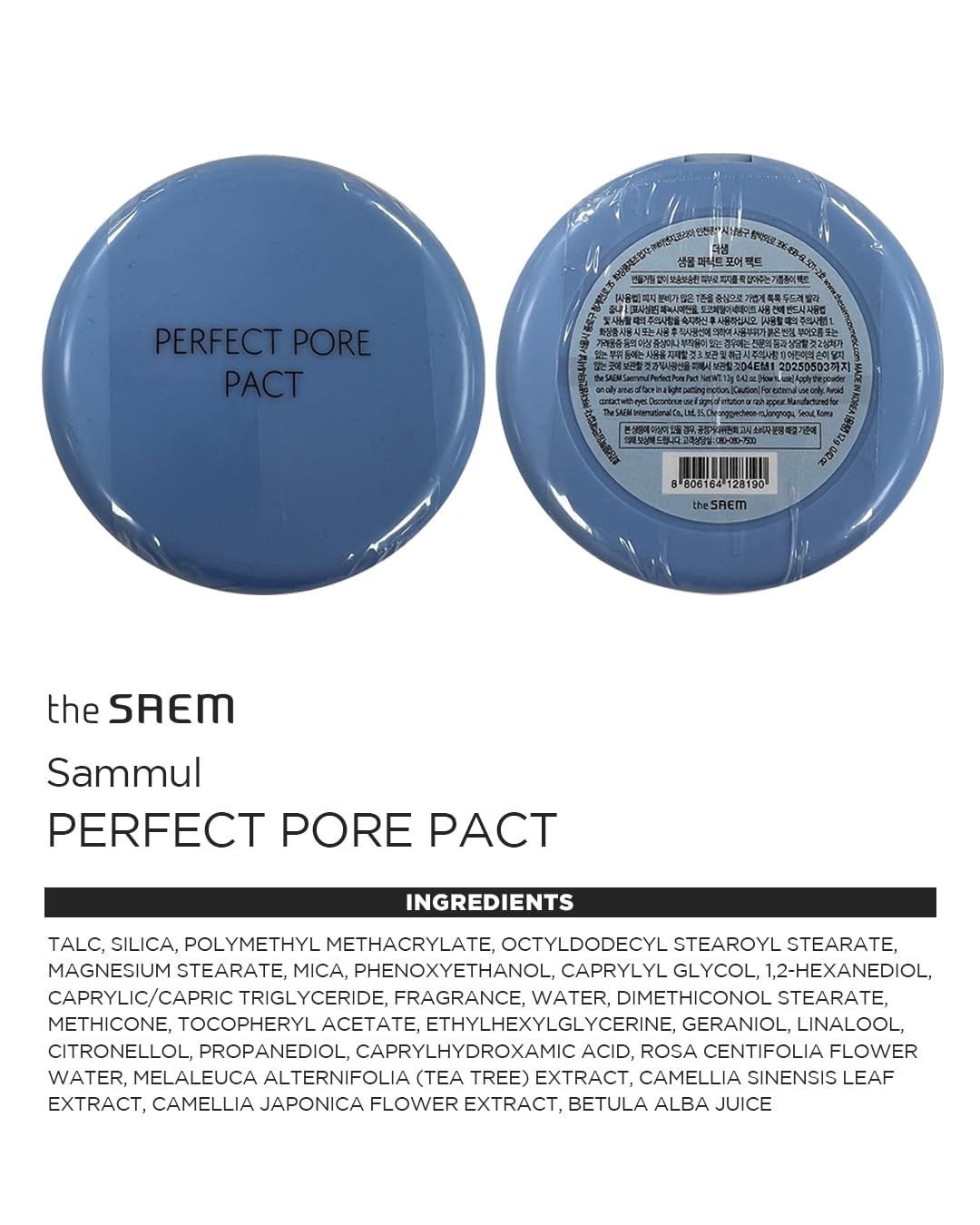 THESAEM Saemmul Perfect Pore Pact - Sebum Control Makeup Pressed Powder Pact, Pore Minimization, Plant-Based Setting Finishing Powder to Absorb Sweat and Prevent Clumps, with Mirror & Puff 12g