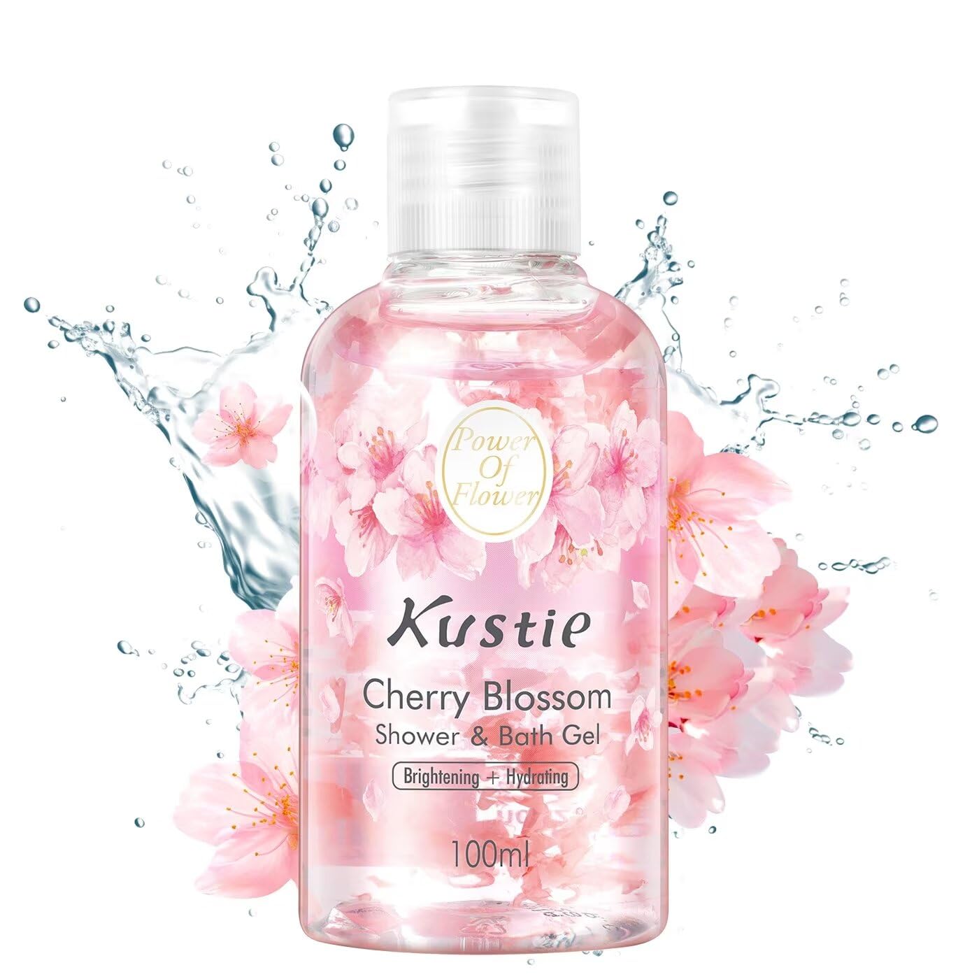 KUSTIE Travel Size Body Wash, Shower Gel, Body Wash Women With Real Cherry Blossom Petals, Deep Moisture For Dry Skin, 24hr Renewingr Mild And Lasting Fragrance (3.38oz)