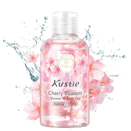 KUSTIE Travel Size Body Wash, Shower Gel, Body Wash Women With Real Cherry Blossom Petals, Deep Moisture For Dry Skin, 24hr Renewingr Mild And Lasting Fragrance (3.38oz)