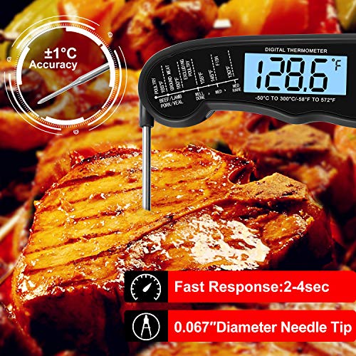 KULUNER TP-01 Waterproof Digital Instant Read Meat Thermometer with 4.6 Folding Probe Backlight Calibration Function for Cooking Food Candy, BBQ Grill, Liquids,Beef（Red）