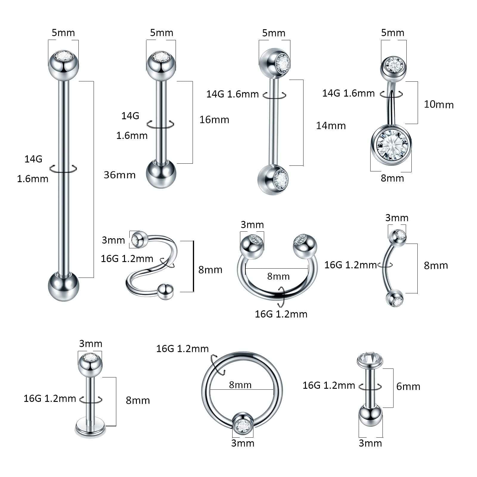 Oveta 100PCS Piercing Kit Stainless Steel 14G 16G 20G Nose Studs Lip Tongue Trague Cartilage Helix Daith Eyebrow Belly Button Ring Body Piercing Jewelry