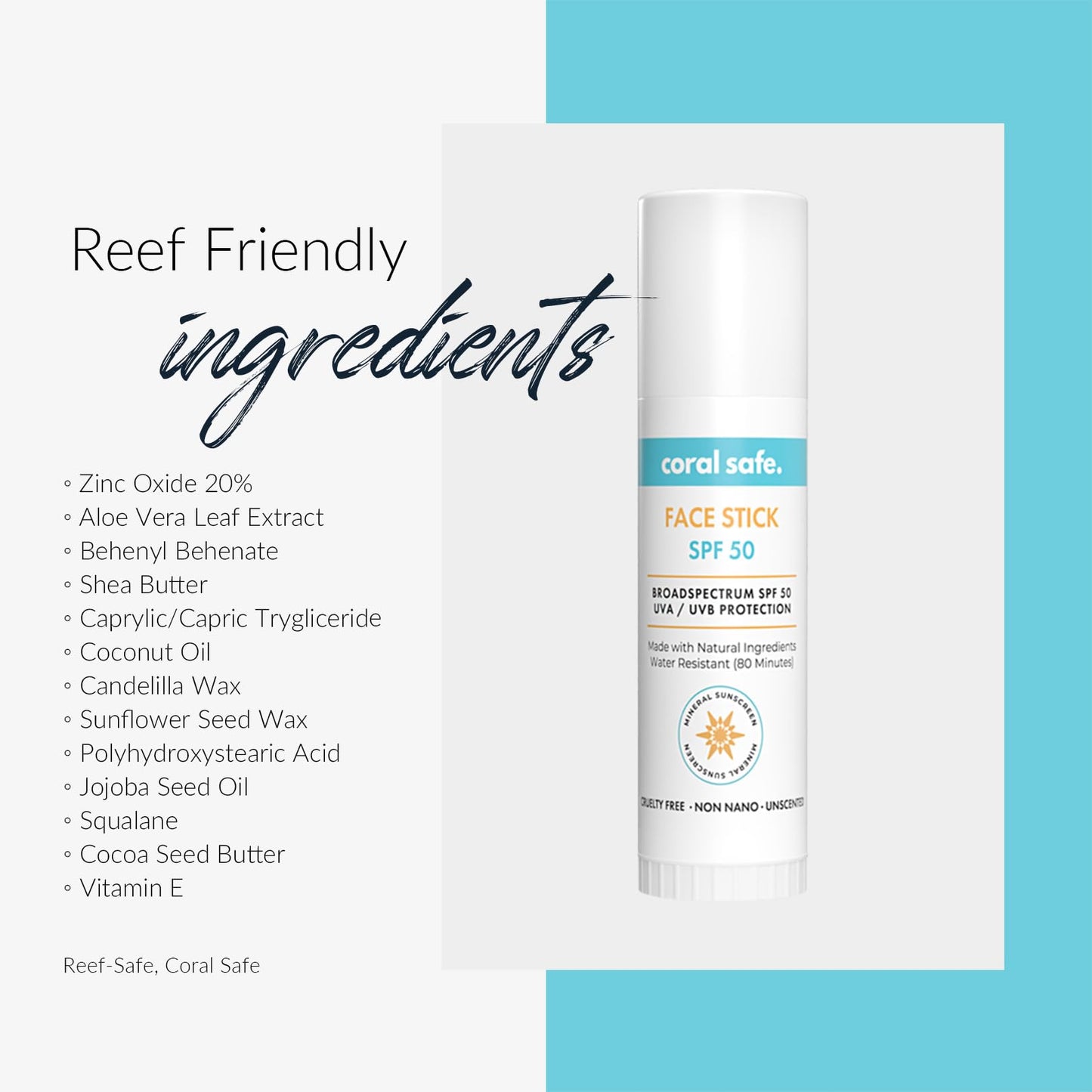 Reef Safe Sunscreen SPF 50 Mineral Face Stick 2 Pack, Hawaii & Mexico Approved, Biodegradable, Zinc, Vitamin E, Oxybenzone & Octinoxate Free, Water Resistant, Made in USA by Coral Safe