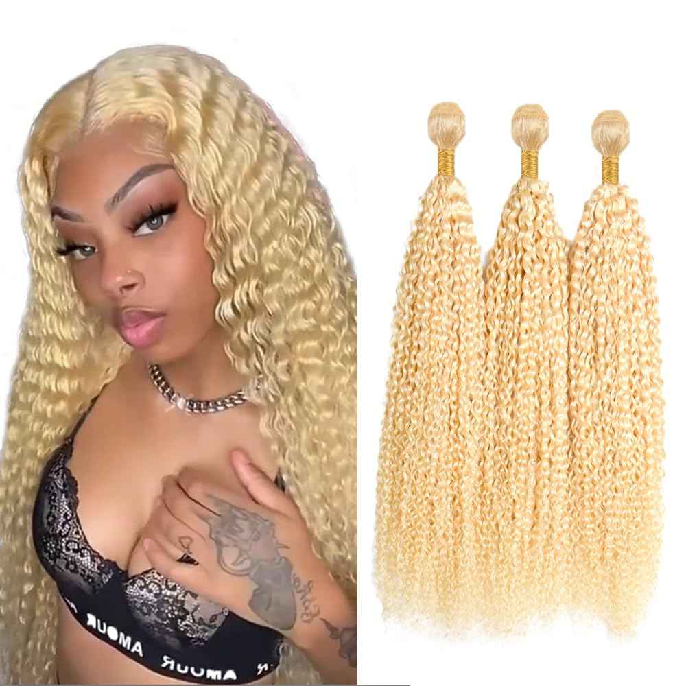 12 14 16 Inch #613 Blonde Bundles Human Hair Kinky Curly 3 Bundles 100 Grams/Bundle 10A Grade Unprocessed Brazilian Virgin Hairs Blonde Bundle Weaves Hair Extensions For Women