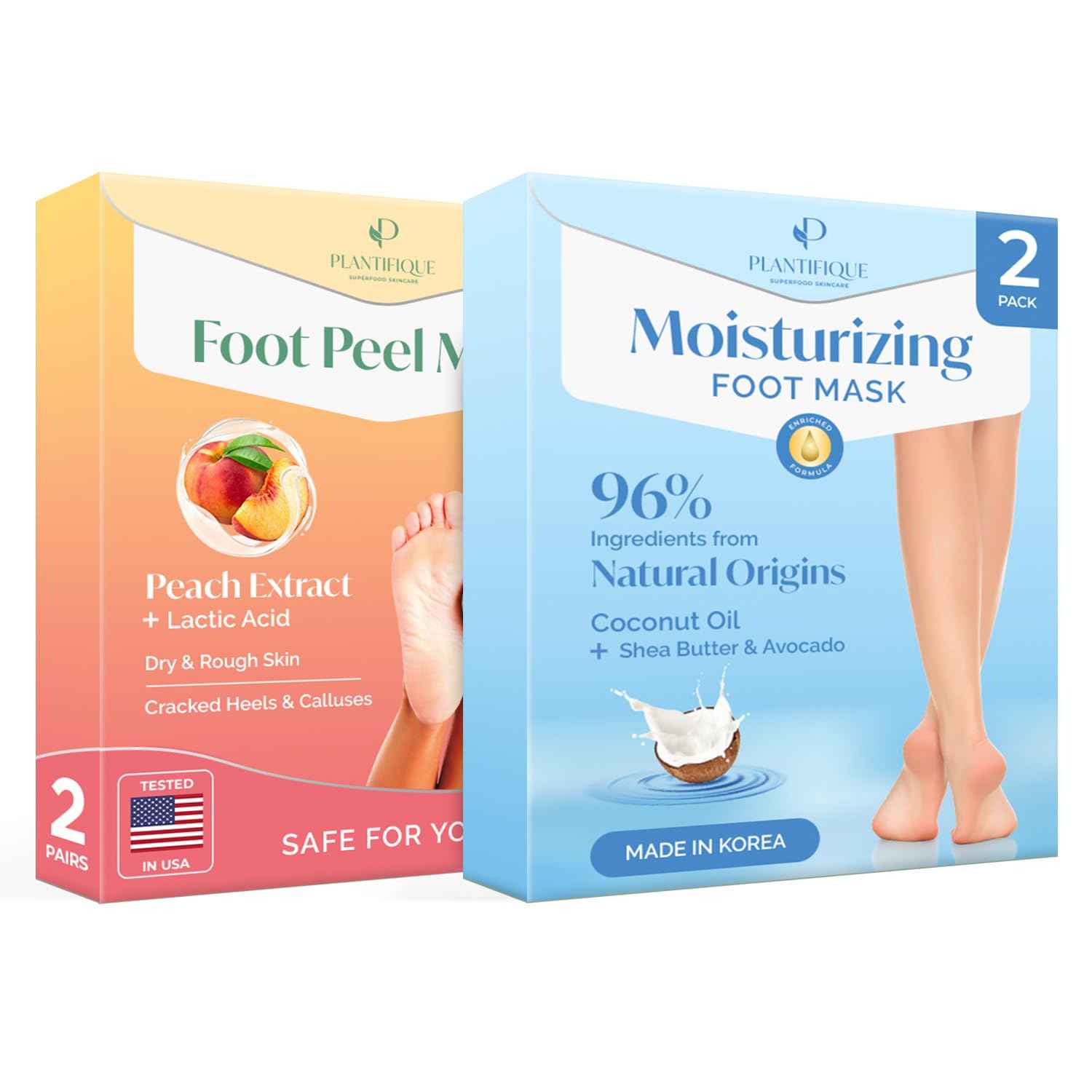 PLANTIFIQUE Foot Peel Mask with Peach 2 Pack and Hydrating Foot Mask for Dry & Cracked Feet