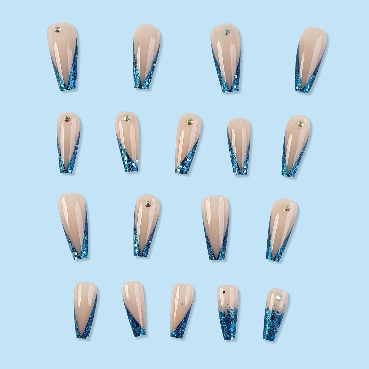 MISUD Press on Nails Long Coffin Fake Nails Glossy Glue on Nails Bling Blue Glitter French Tip Acrylic Nails Ballerina Artificial Nails Rhinestone Stick on False Nails with Design 24 pcs