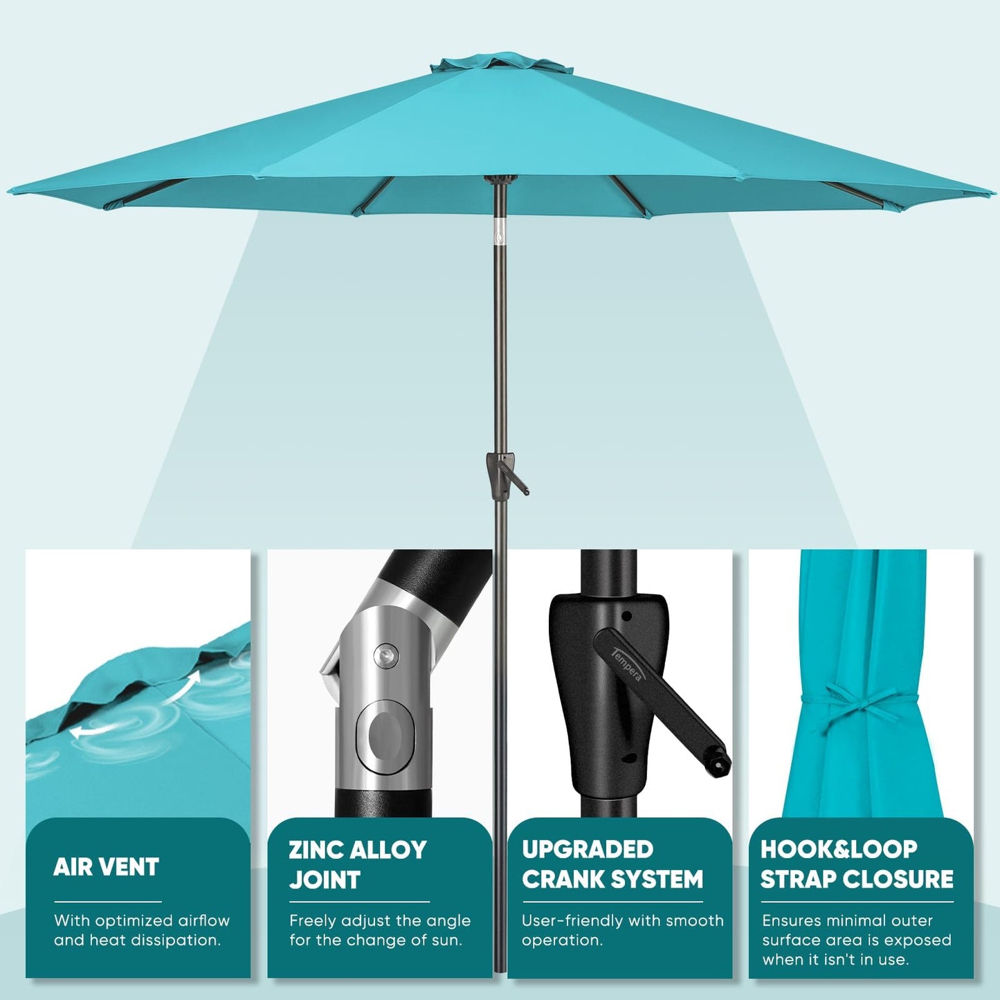 Tempera 7.5ft Patio Market Outdoor Table Umbrella with Push Button Tilt and Crank,Large Sun Umbrella with Sturdy Pole&Fade resistant canopy,Easy to set,Turquoise