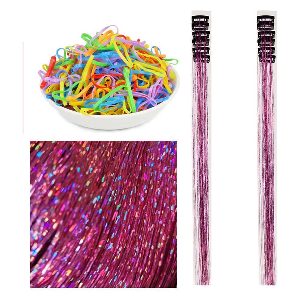 Hair Tinsel Clip in Rose 22 Inch Tinsel Hair Extensions with Clips 12 Pcs Colorful Glitter Tinsel Hair Heat Resistant Sparkling Fairy Hair Accessories for Women Kids Girls