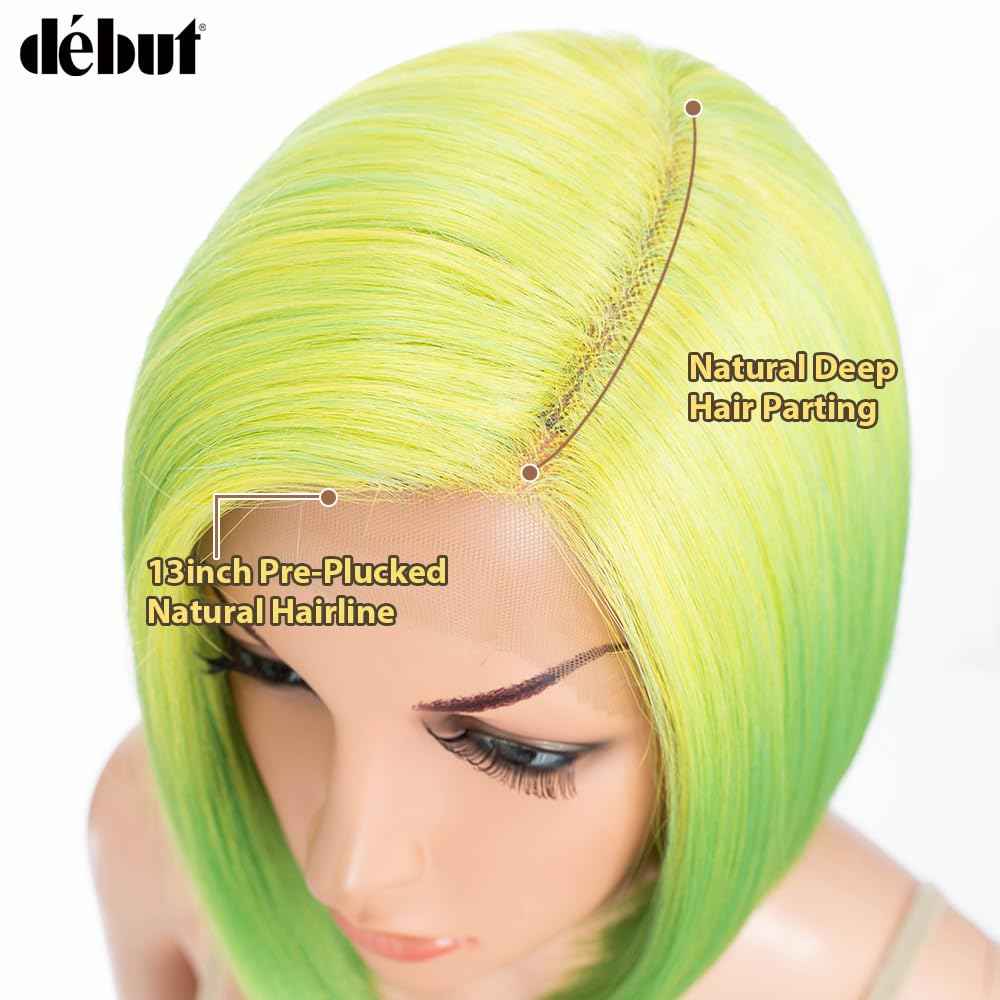 DÉBUT Lace Front Bob Wigs Ombre Neon Green Side Part Lace with Hand-Tied Lace Front Short Bob Synthetic Wig for Women Lemon Green Color