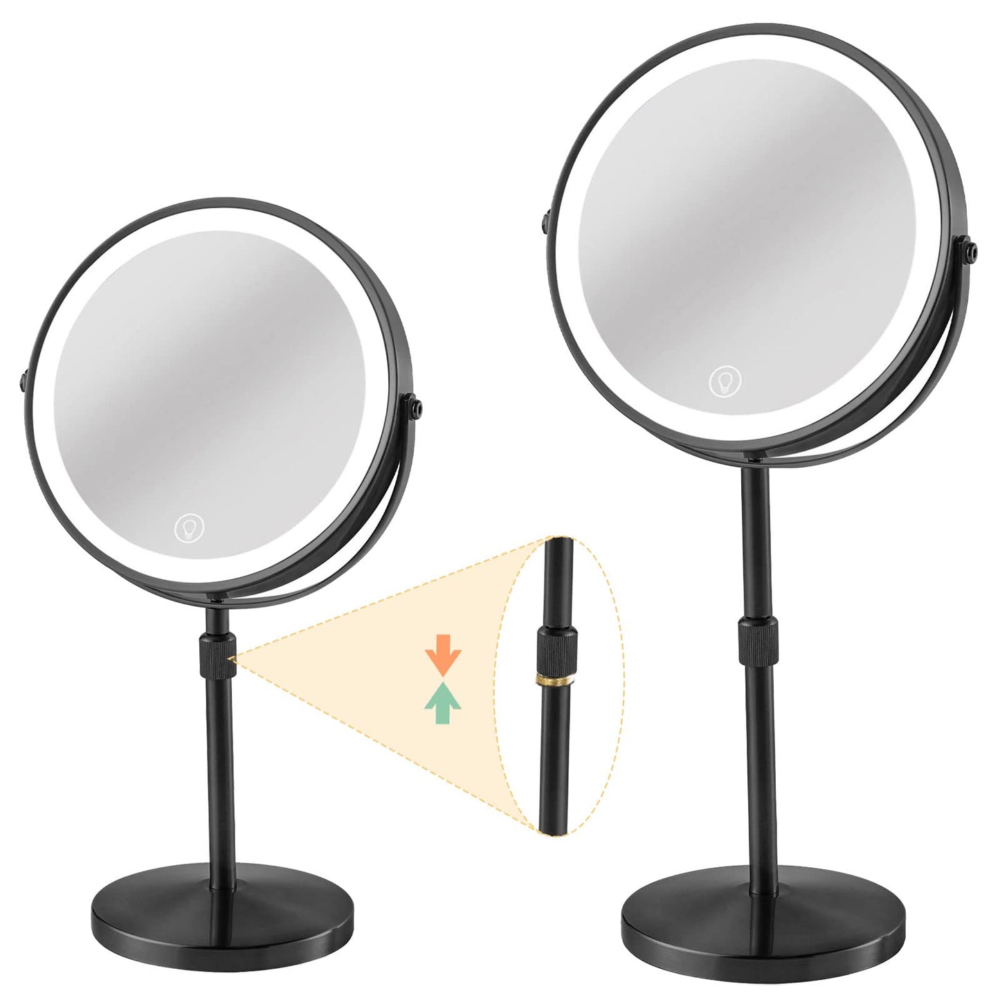 8" Makeup Mirror with Lights , Height Adjustable Lighted MMagnifying Mirror, 1x/10x Lighted Mirror with Magnification, Brightness Adjustable Magnification Cosmetic Vanity Light up Mirror, Black