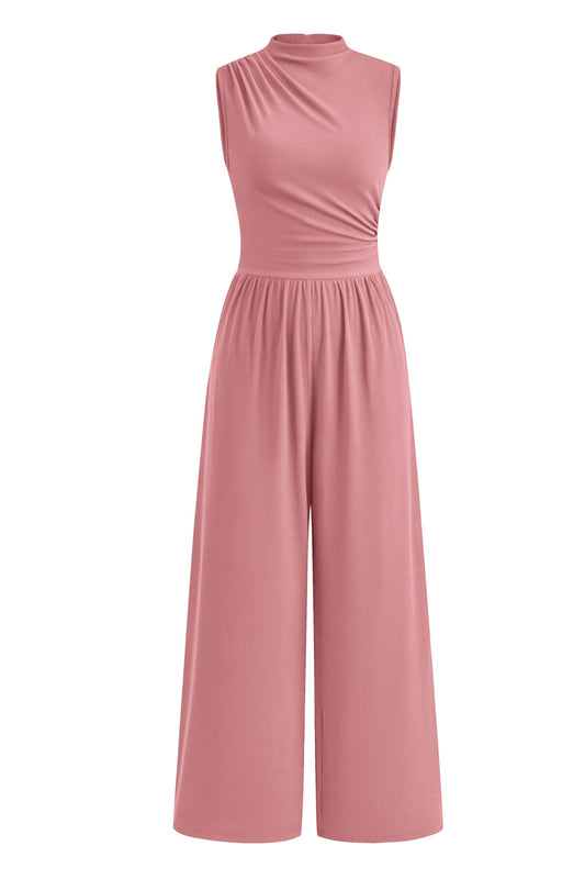 PRETTYGARDEN Womens Summer Jumpsuits Dressy Casual One Piece Outfits Sleeveless Mock Neck Wide Leg Pants Rompers with Pockets (Style2-Dusty Pink,Small)