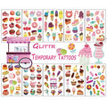 Glitter Temporary Tattoos for Kids, 141Pcs Girls Lovely Ice Cream Fake Tattoo Birthday Party Supplies Cookie Tattoo (10 Sheets) Cute Waterproof Stickers Decoration Gifts Favors Sparkly Cake